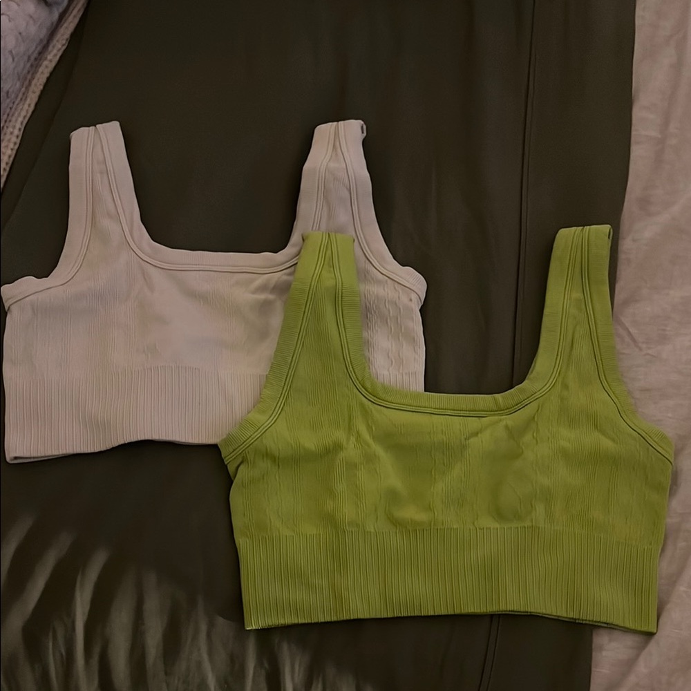 JoyLab White and Green Sleeveless Ribbed Crop Sports Bras